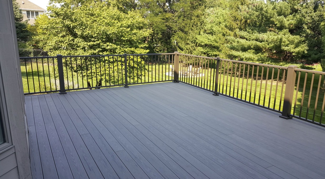 Freshly stained gray deck with protective sealing